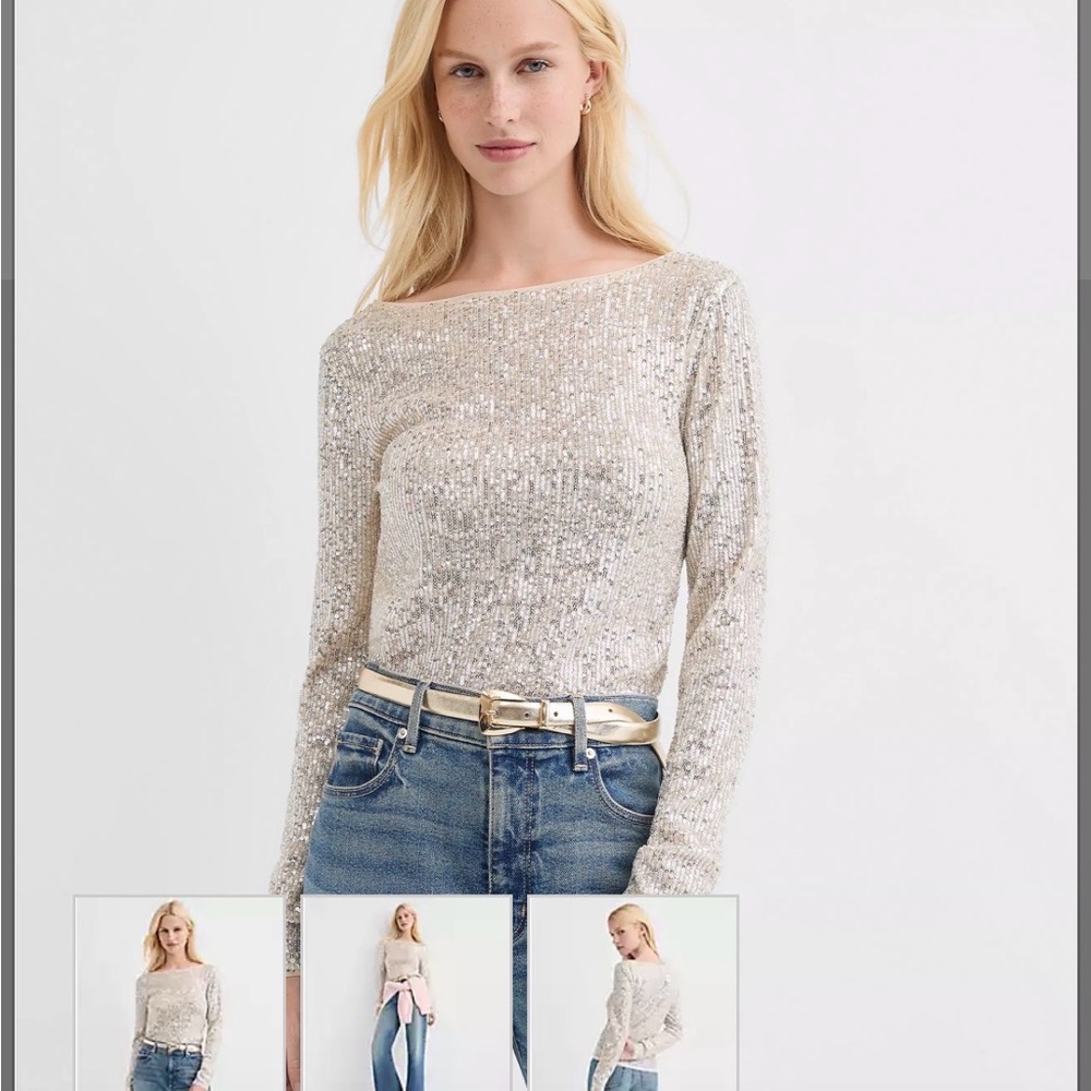 LOFT Silver Sequin Long Sleeve Top